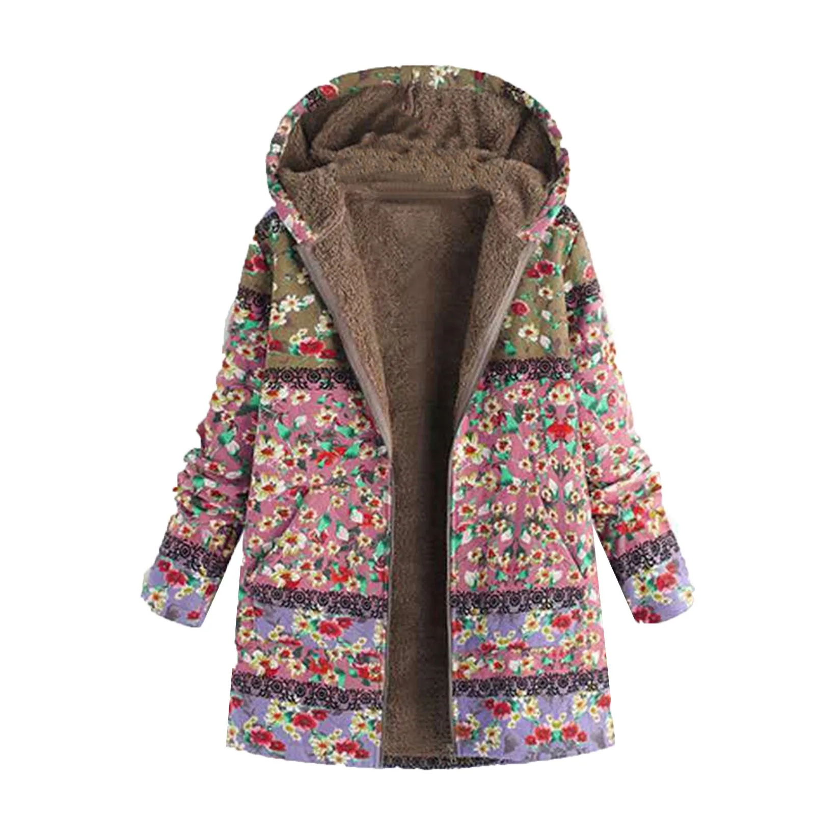 Ladies Long Sleeve Hooded Thick Composite Plush Vintage Flower Print Plus Size Hooded Jacket