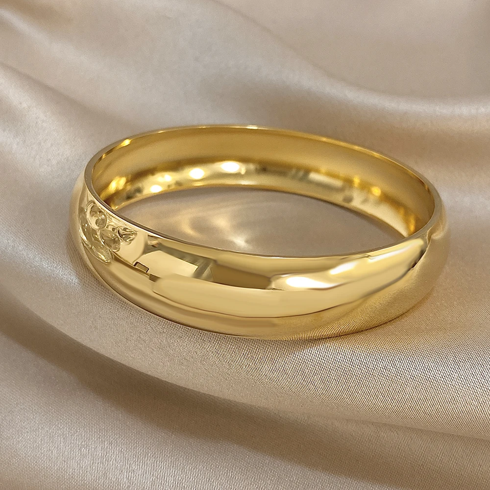 Glossy Gold Plated Stainless Steel Bracelet for Women Men Fashion 10 15 30mm Size Chunky Smooth Cuff Bangles Waterproof Jewelry view 5