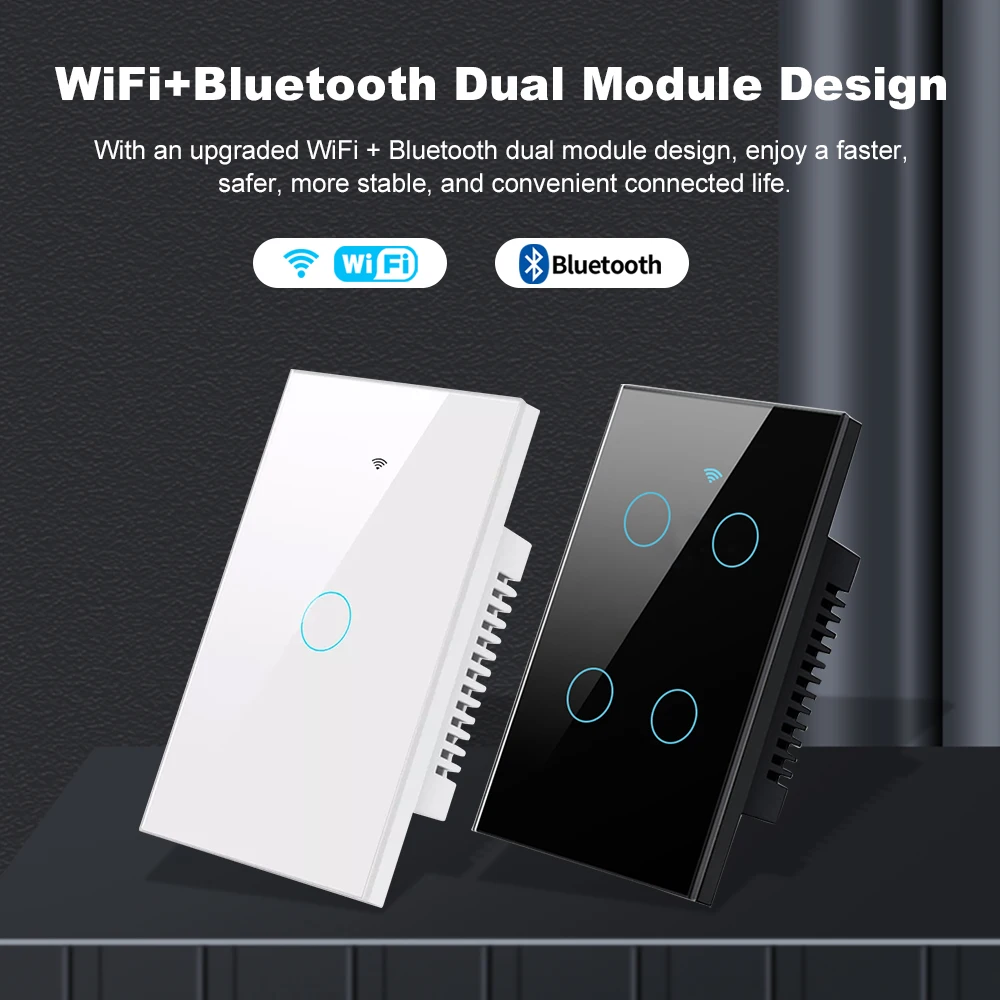 Tuya Smart Wifi+Bluetooth Touch Light Wall Switch US Touch Panel Switch No Neutral Wire& Neutral Wire Alexa Google Home 110-240V