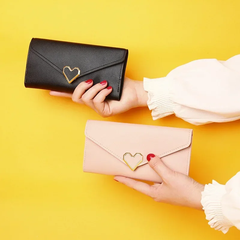 New Women Wallet Heart-shaped Buckle Three Fold Long Wallet for Women Clutch Bag Coin Purse Student Card Bag Credit Card Holder