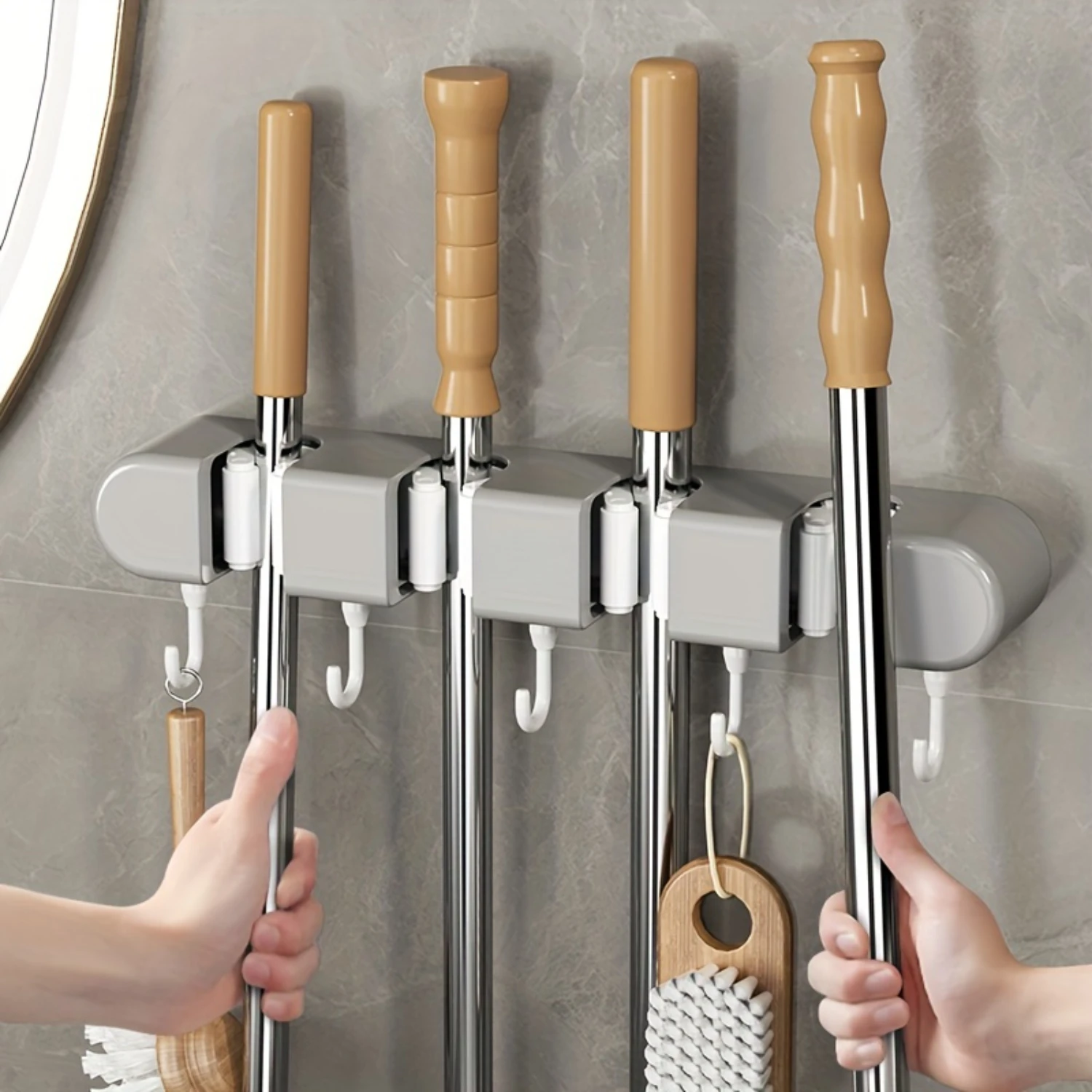 

1pc Strong Wall-Mounted Mop And Broom Holder For Bathroom, Garden, And Garage - Punch-Free, Easy To Install, And Convenient Sol