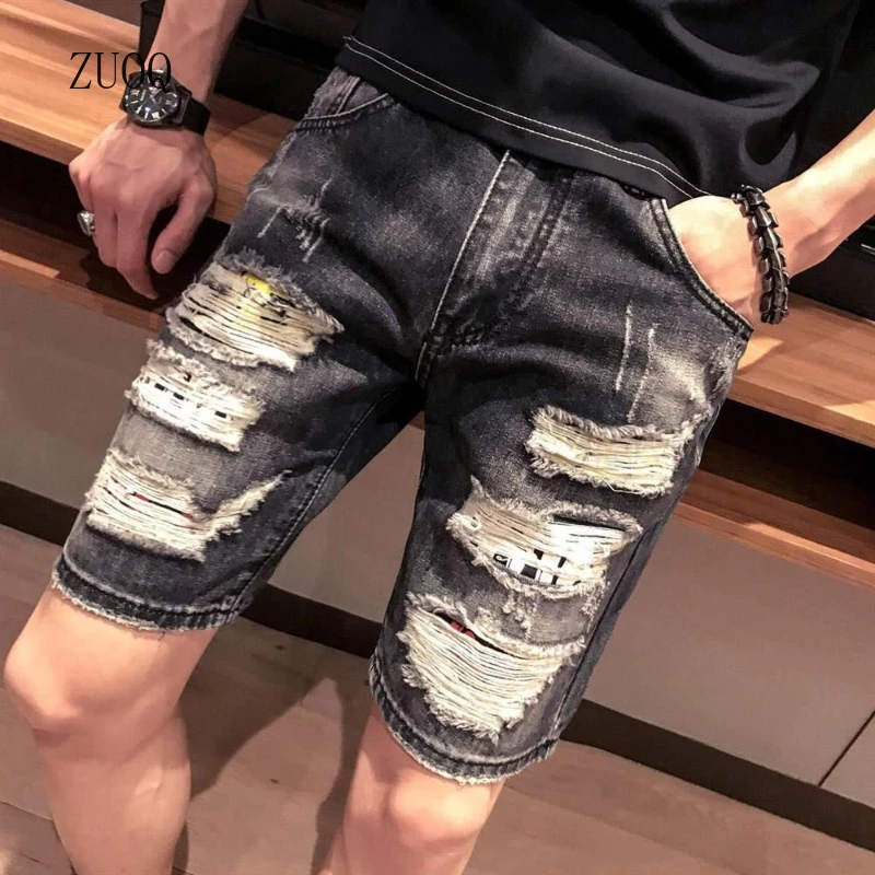 Summer New Denim Shorts Men Vintage Patchwork Hole Pocket Casual Basics Zipper Button Daily Shorts