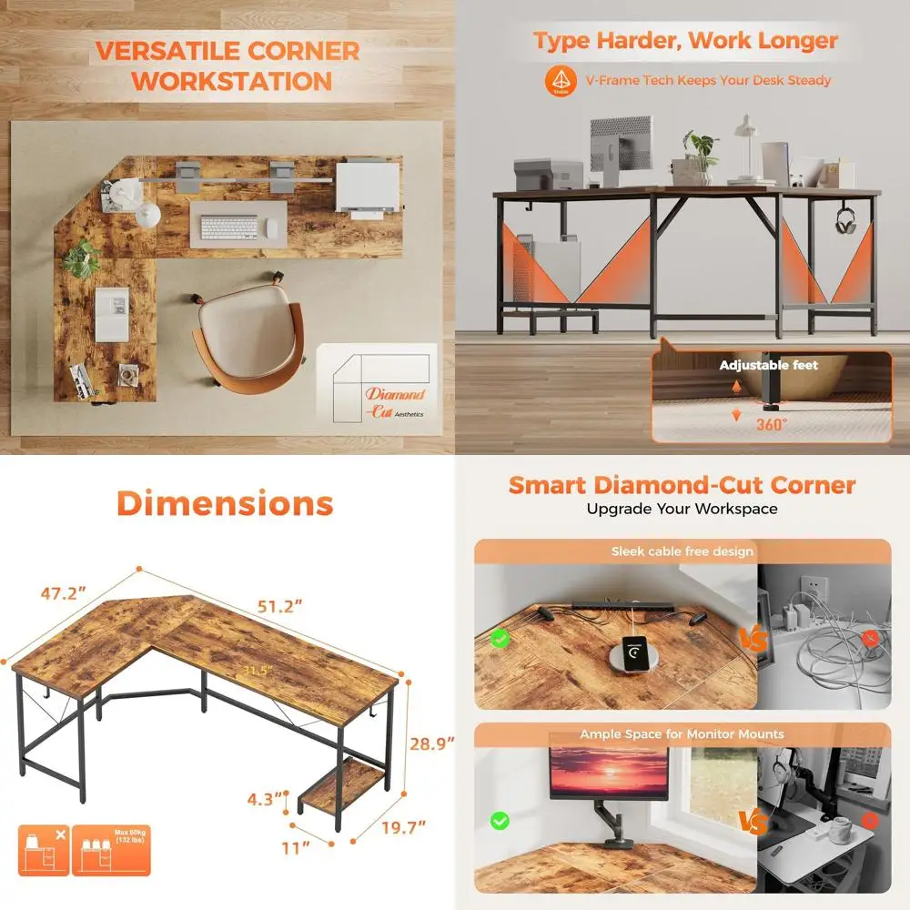

50 Inch L-Shaped Gaming Desk with Cable Management and Hooks, Ideal for Home Office or Bedroom in Rustic Brown