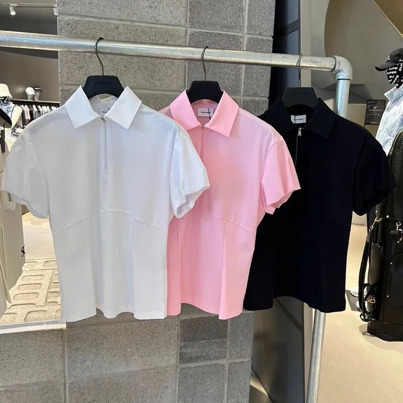 

New Summer Arrival: Women's Solid-Color Zipper Collared Casual Versatile Slim-Fit Short-Sleeve Blouse with Puff Sleeves