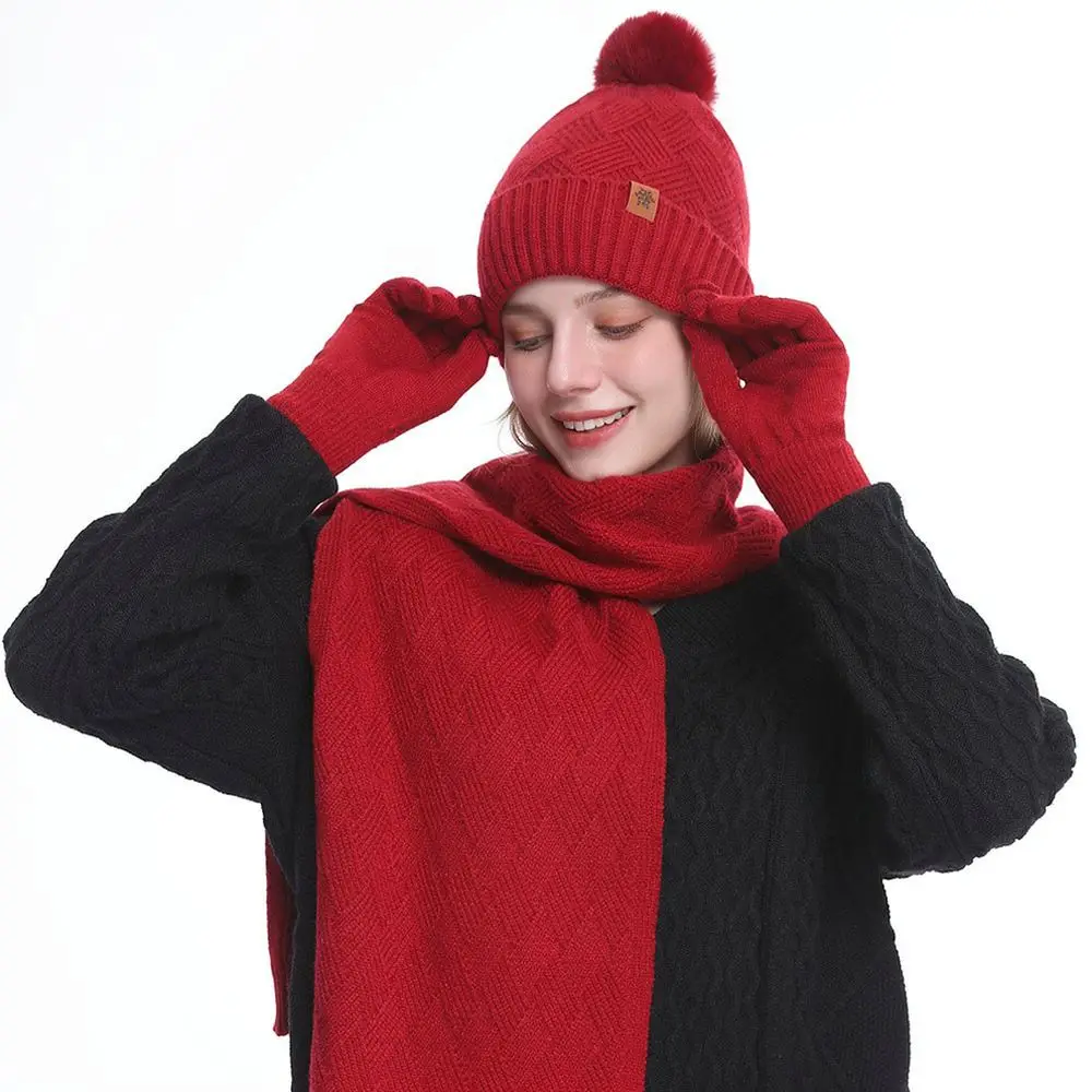Winter Warm Knit Hat Scarf Gloves Set For JUND Fleece Lined Thick Thermal Accessory Elegant Soft Wear For Women Holiday