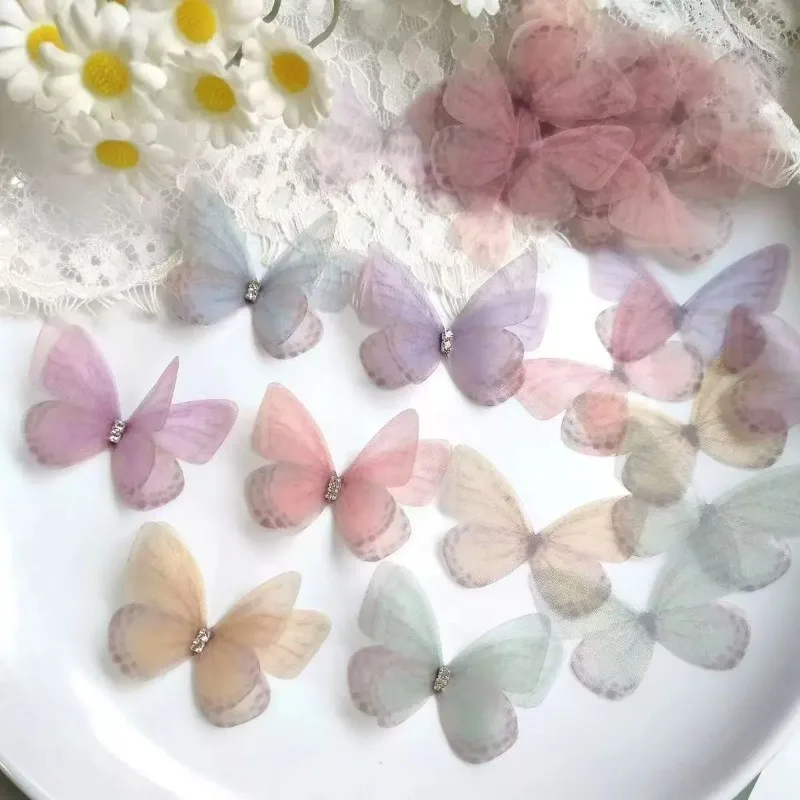 100pcs Light Colored Transparent Butterfly Decorations, 3D Imitation Woven Butterflies, DIY Hair Accessories