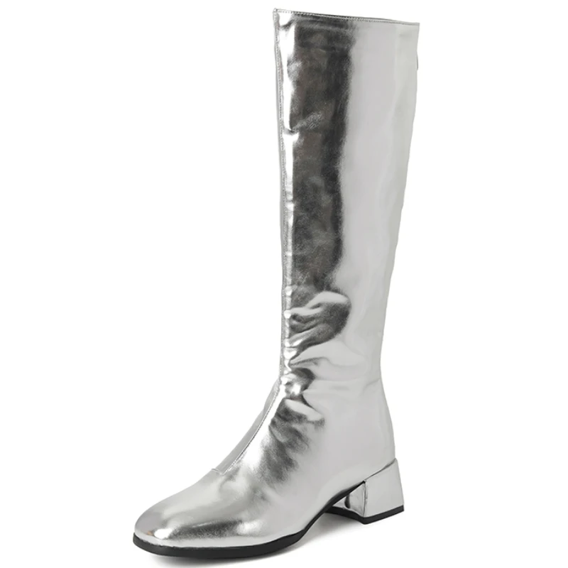 Women\'s Knee High Boots Winter Shoes 2025 Gold Silver Low Heeled Long Boot Ladies Party Footwear Shoes Large Size 45 Waterproof