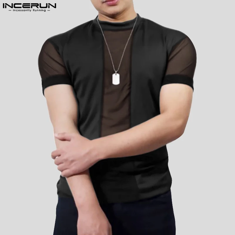 Incerun-男性用ニットパッチワークTシャツ,半袖,ラウンドネック,透明,セクシー,ファッショナブル,ストリートウェア,S-5XL, 2024