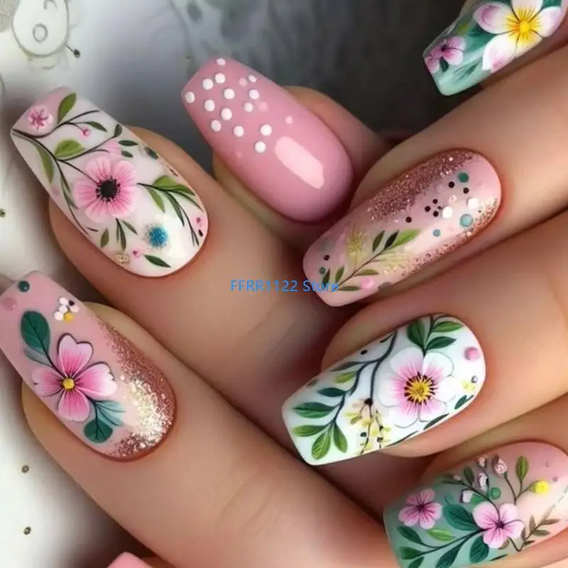 

Y1UF Coffin Press On 24Pcs Glossy Finish Spring Flower Design