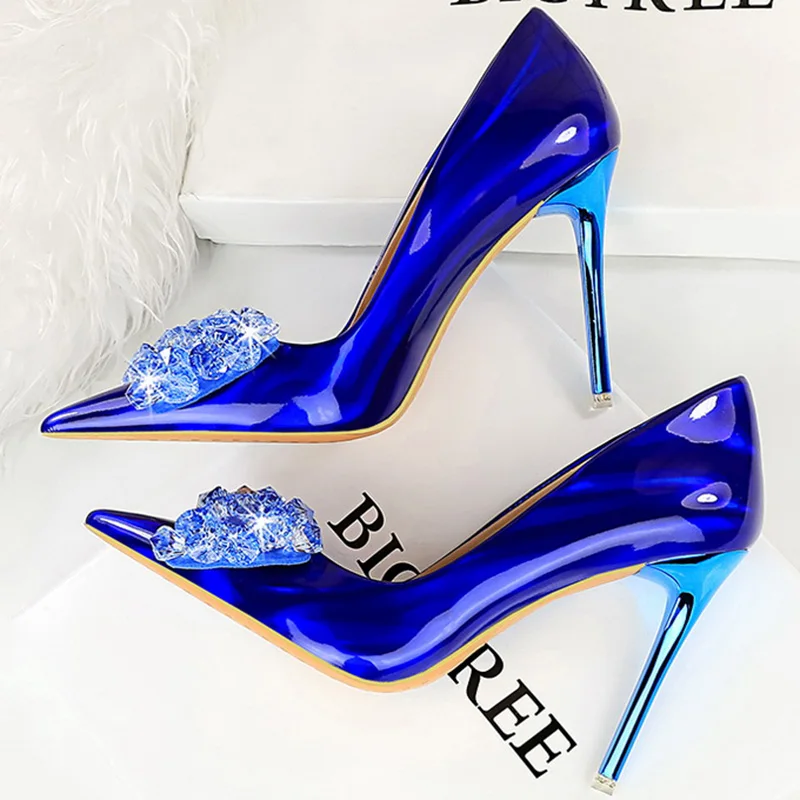 Women 10.5cm High Heels Sexy Rhinestone Green Blue Pointed Toe Party Pumps Lady Glossy Leather Bling Crytsal Nightclub Shoes