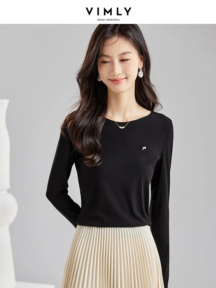 

Vimly Base Long Sleeve T Shirt for Women 2024 Spring Simple Slim Round Neck High Strecth Soft Knit Tops Women's Clothing M2525