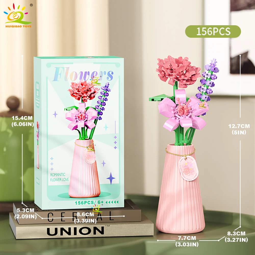 HUIQIBAO MOC Eeuwig Bloemboeket met pot Micro Bouwsteen Zonnebloem Rose Mini Model Baksteen Speelgoed thuis Bureau Decoratie