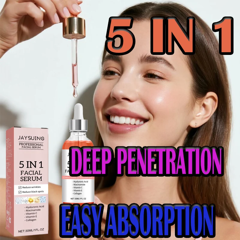 

Jaysuing Hyaluronic Acid Face Serum 5 In 1 Plump Even Skin Brightening Anti-Aging Vitamin C Shrink Pores Serum Skin Care 30ml