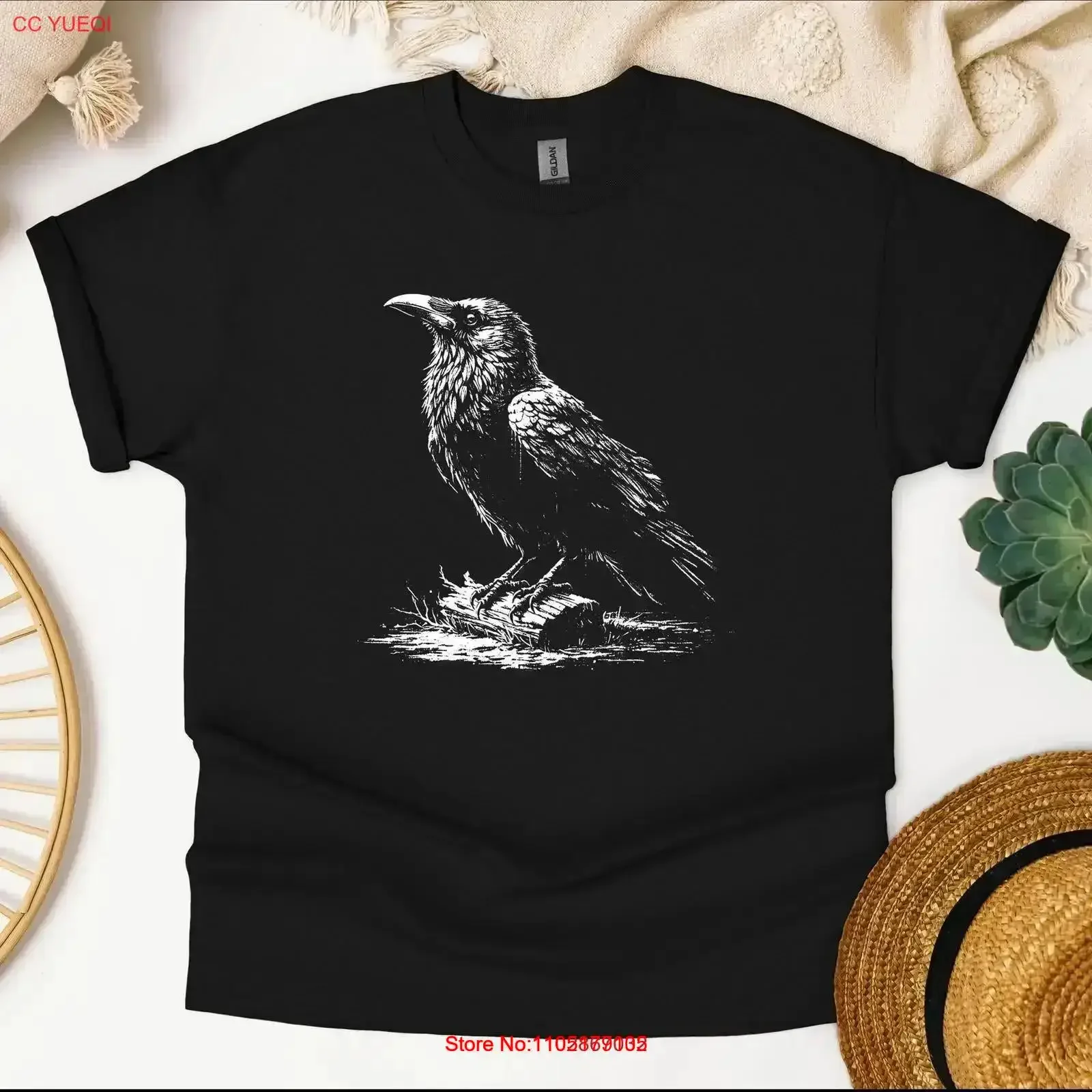 

Vintage Raven T Shirt Gothic Bird Lover Japanese Crow Da Washed homme Breathable Casual streetwear Slightly Comfortable