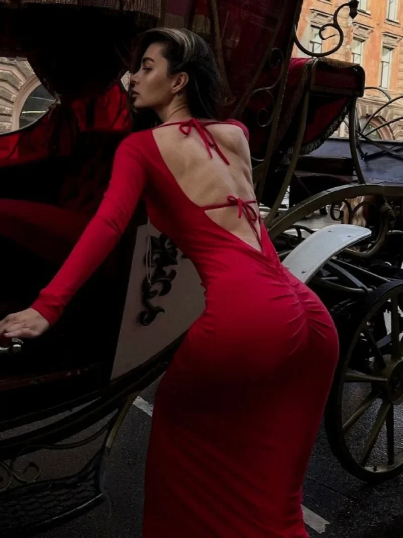 Elegant Backless Lace-up Red Long Dress Streetwear Y2K O-neck Full Sleeve High Waist Folds Party Dresses Lady Evening Vestidos