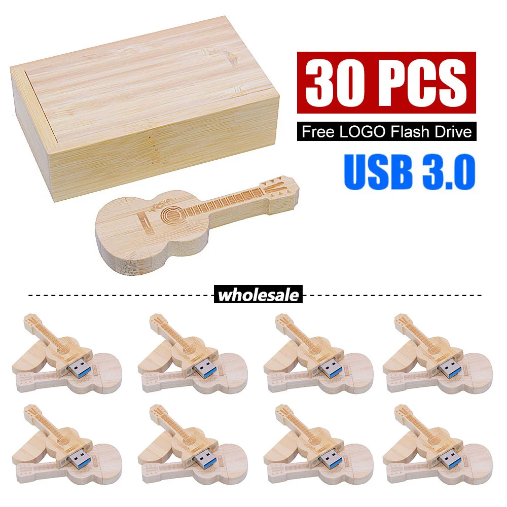 30pcs/lot Free Logo Music Pendrive 8GB Guitar shaped USB3.0 flash drive 16gb32gb Wooden Box Memory Stick Creative gift 64gb128gb