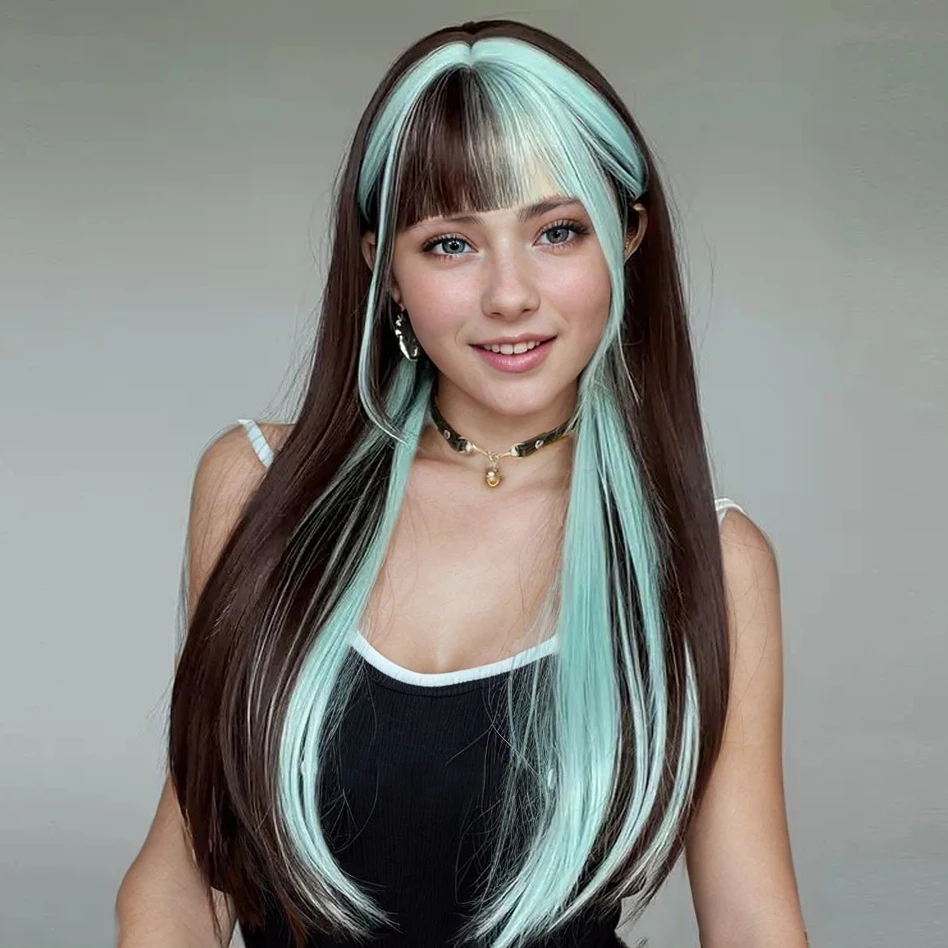 

Women Synthetic Long Straight Green Brown Layered Ombre Mix Wig Lolita Cosplay Fluffy Hair Wig for Daily Party