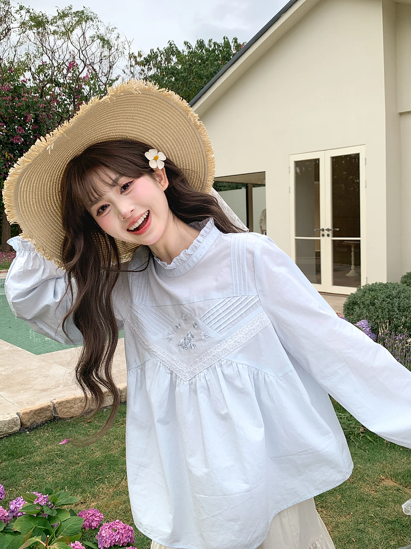 

Sweet Style Pure Cotton Lace Patchwork Women's Shirt Embroidery Design Loose Top Spring New Arrival Casual Long Sleeve Shirt
