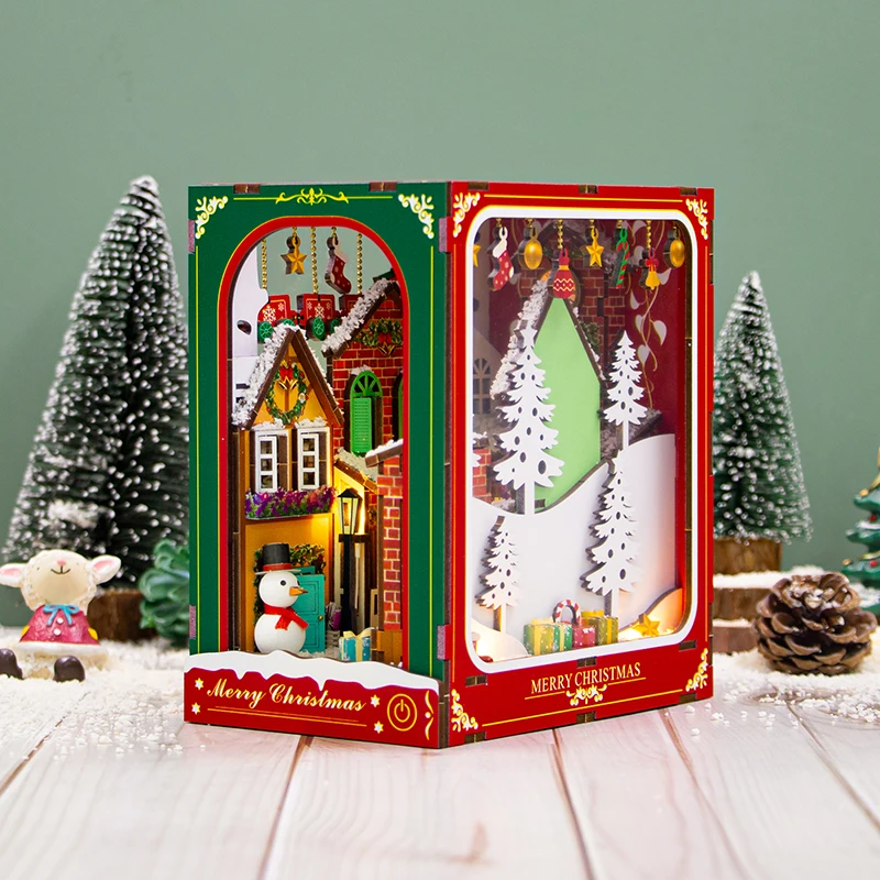 DIY Holz Winter Weihnachten Buch Nook Regal Einsatz Miniatur Modell Kits mit Möbel Lichter Bücherregal Buchstütze Freunde Geschenke