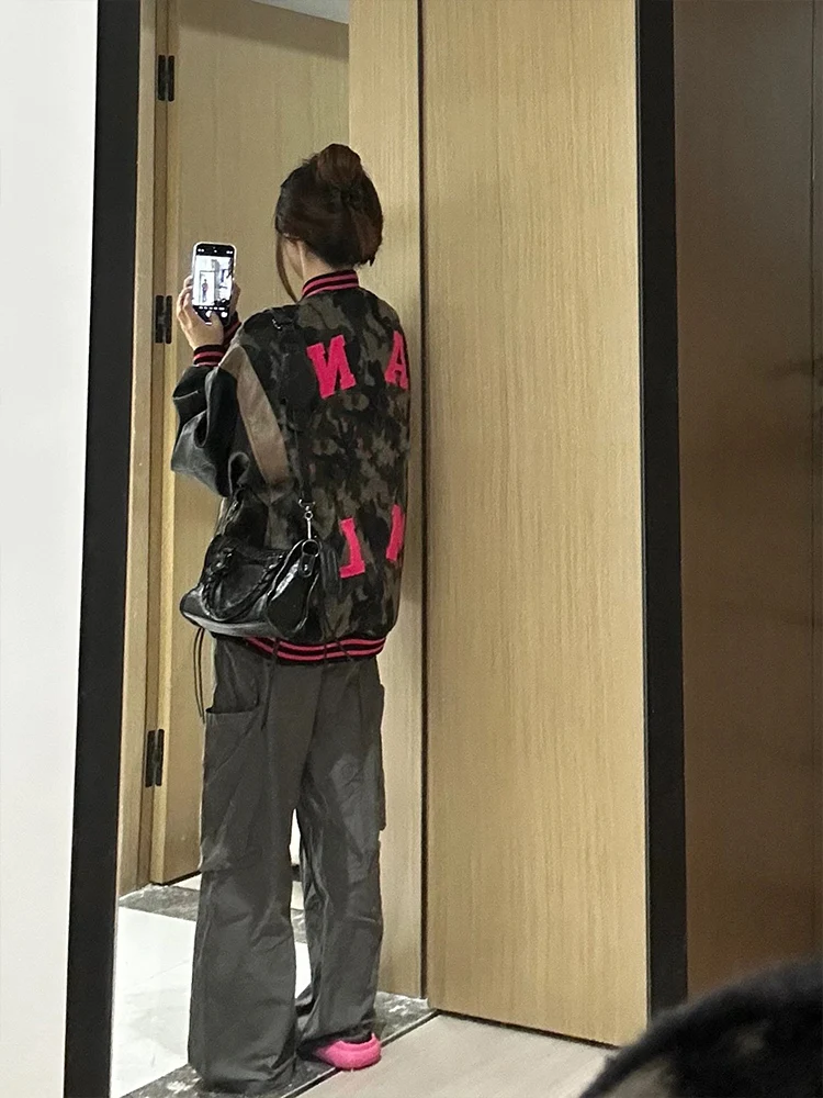 Korean Women's Baseball Jacket material texture close-up showing woven fabric structure and lace integration seam