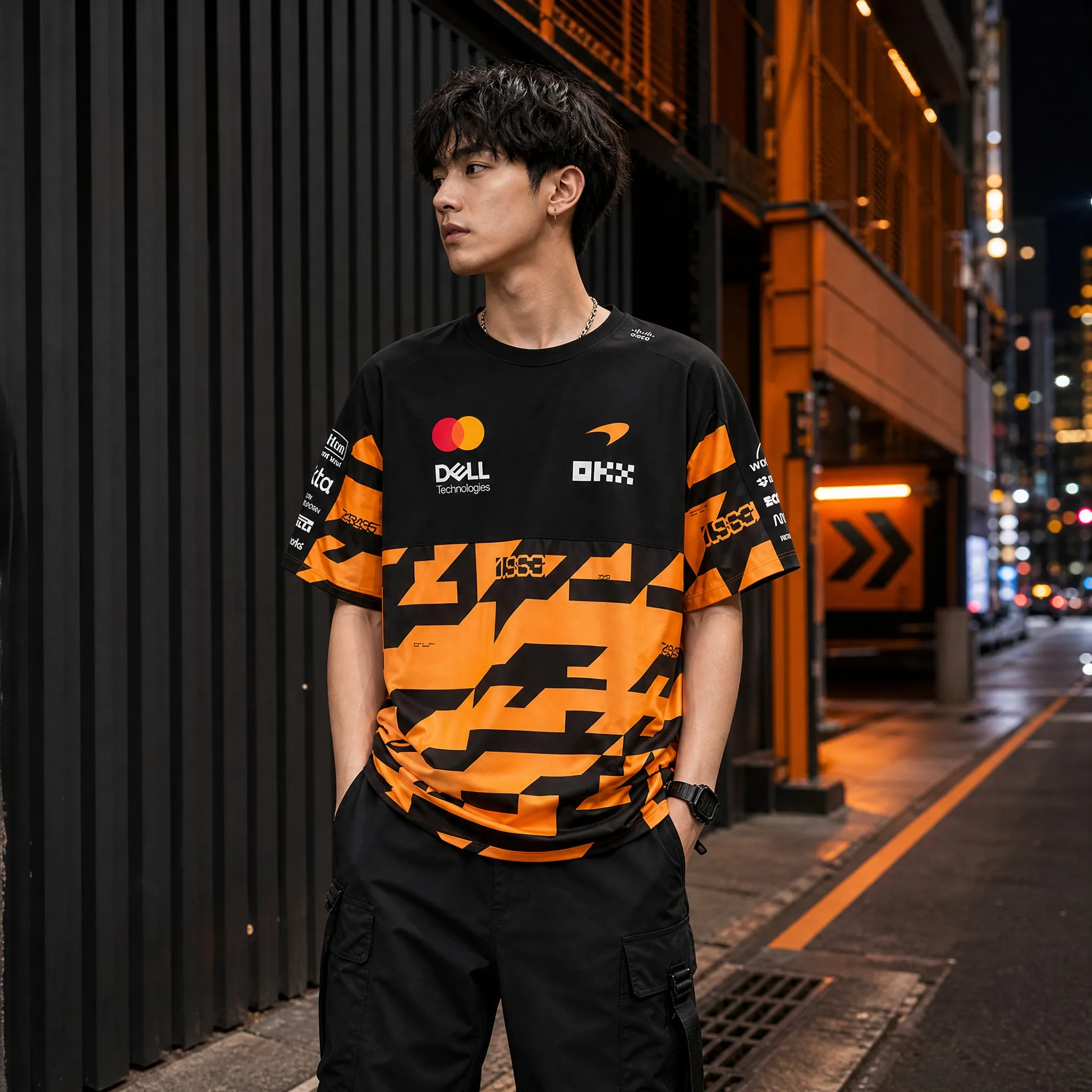 Men's Formula One McLaren Racing T-shirt Black Orange Front and Rear Printed Camouflage Pattern Short Sleeve T-shirt