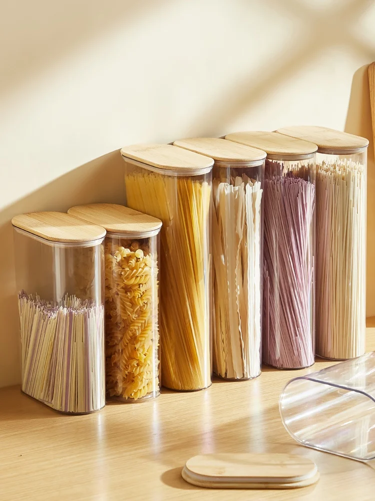 

Food Grade Bamboo Lid Pasta Storage Container Sealed Kitchen Storage Jar for Rice Noodles And Grains Plastic Sealable Container