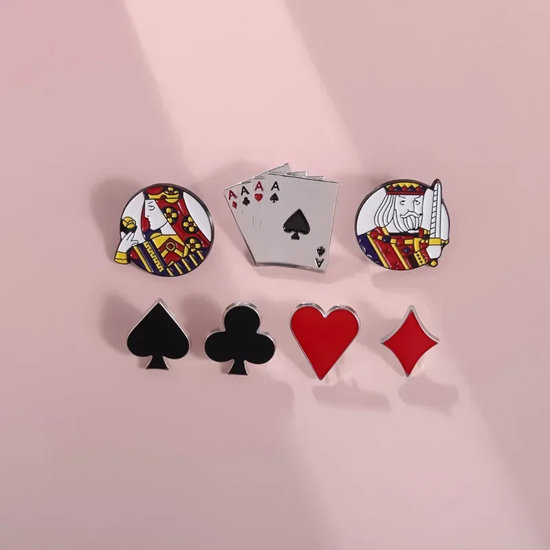 Creative Playing Cards Poker Brooch Enamel Pin Red Heart Spades King Queen Brooches Lapel Badge Funny Jewelry Wholesale