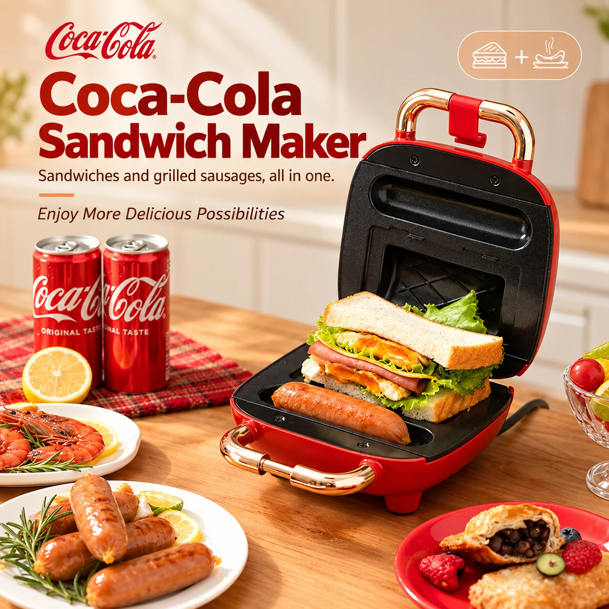 Coca-Cola 220V Electric Sandwich Maker 2 in 1 Hot Dog Sausage Grill Non Stick Breakfast Sandwich Press for Home Kitchen Snacks