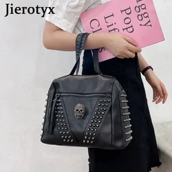 JIEROTYX Black Skull Handbag Tote Bags for Women Gothic Rivet Large Capacity Crossbody Purse Soft Leather Travel Shopping