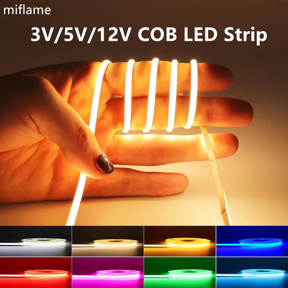 

3mm Super Thin DC 3V 5V 12V COB LED Strip Lights 480LEDs/m Warm White/ Red/Green/ Blue/ Pink/ Yellow/ Purple/ Orange Led String