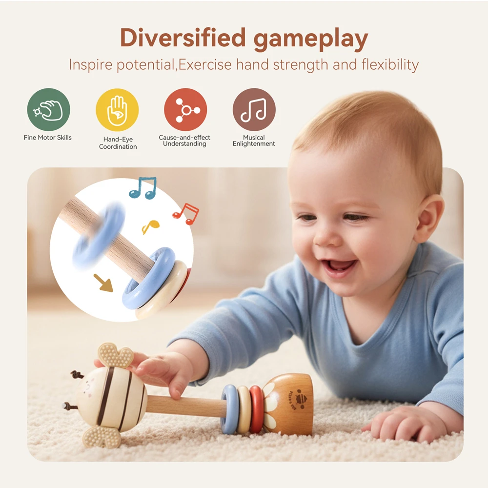 Wooden Bee Baby Rattle Silicone Parts Smooth Fine Motor Skills Hand Eye Coordination Musical Enlightenment Cute Styling Gift