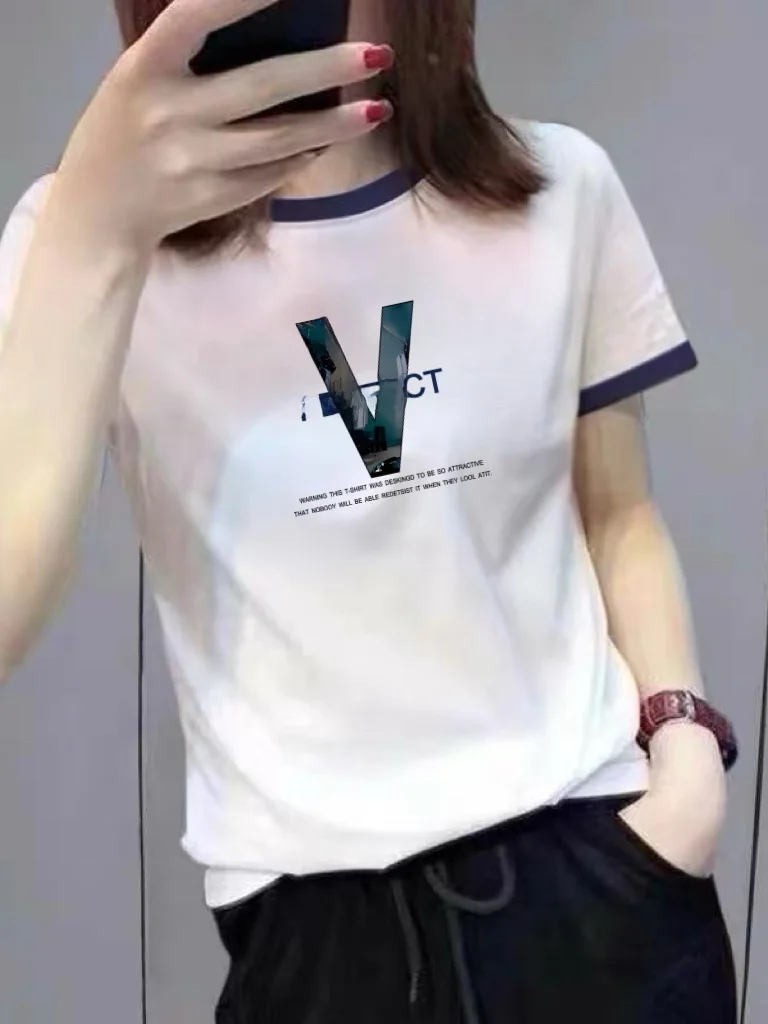 

Женская футболка Slim Fit с коротким рукавом, в стиле Mom Style, с принтом, воротником и цветовыми блоками, для повседневной носки, из полиэстера, с круглым вырезом