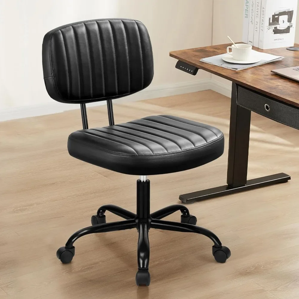 

Small Office Computer Desk Chair with Wheels and Lumbar Support, Comfy Cute Armlees PU Leather Vanity Rolling