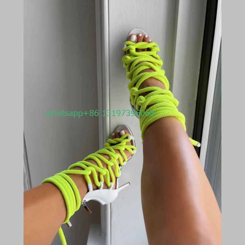 

Lady splitcolors natural rope sandals open toe neno yellow bling sliver color design hollow high heels pumps summer dress shoes