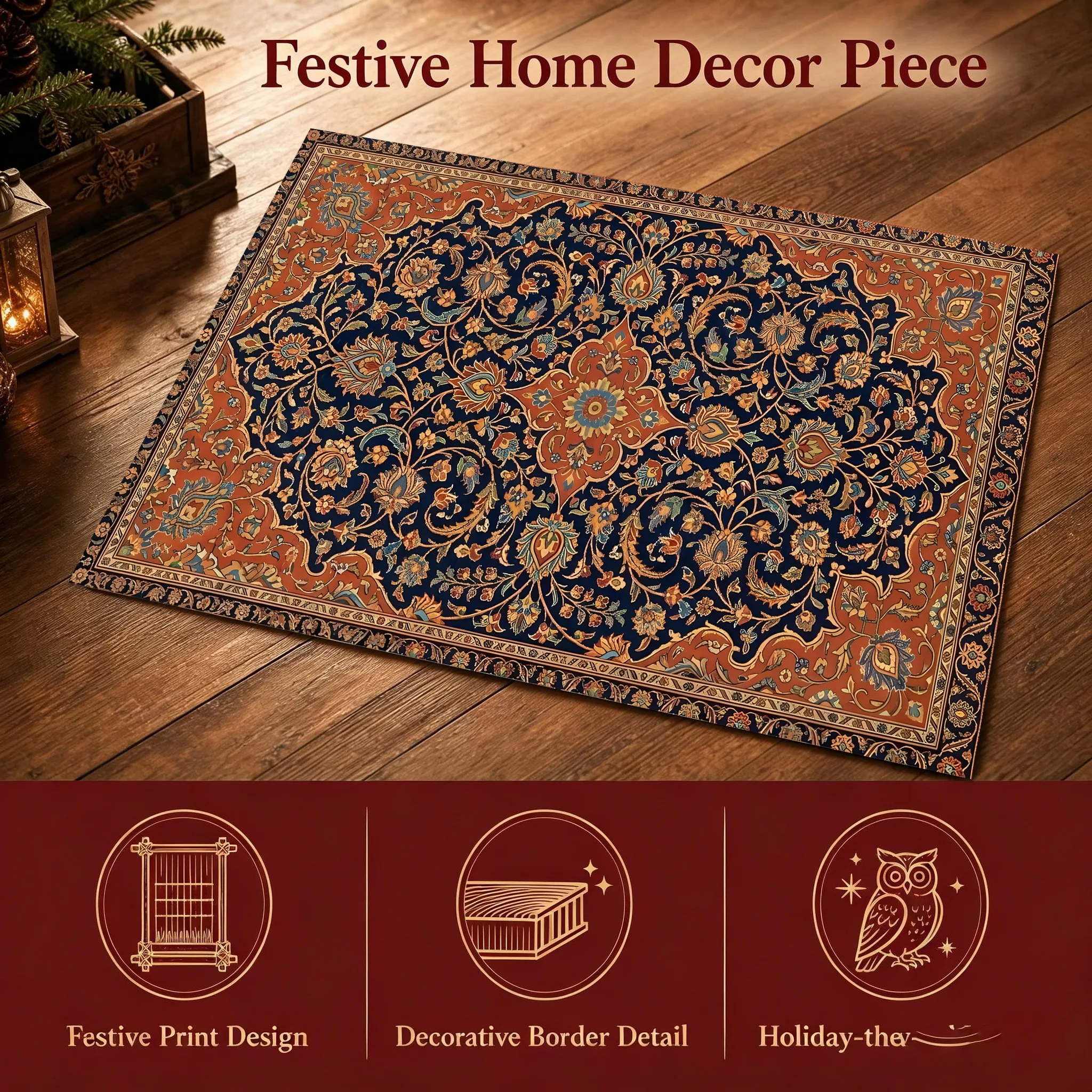 Persian Classic Symmetrical Floral Retro Ethnic Christmas New Year Velvet Rug for Living Room, Bedroom and Entryway, Winter