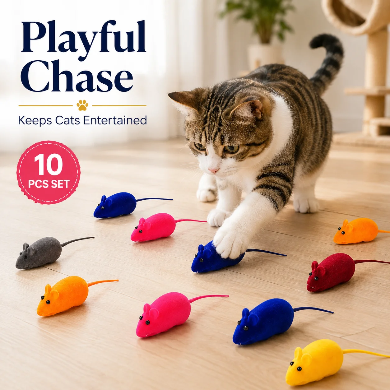Flocked Mouse Cat Toy with Colorful Design, Self-Play Interactive Toy, Boredom Relief Toy for Cats