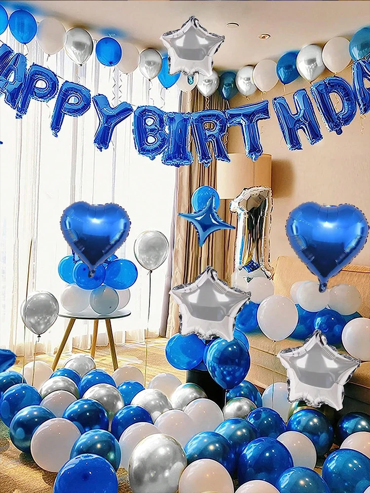 Blue birthday party decorations set with blue happy birthday balloons banner suitable for blue theme birthday party supplies