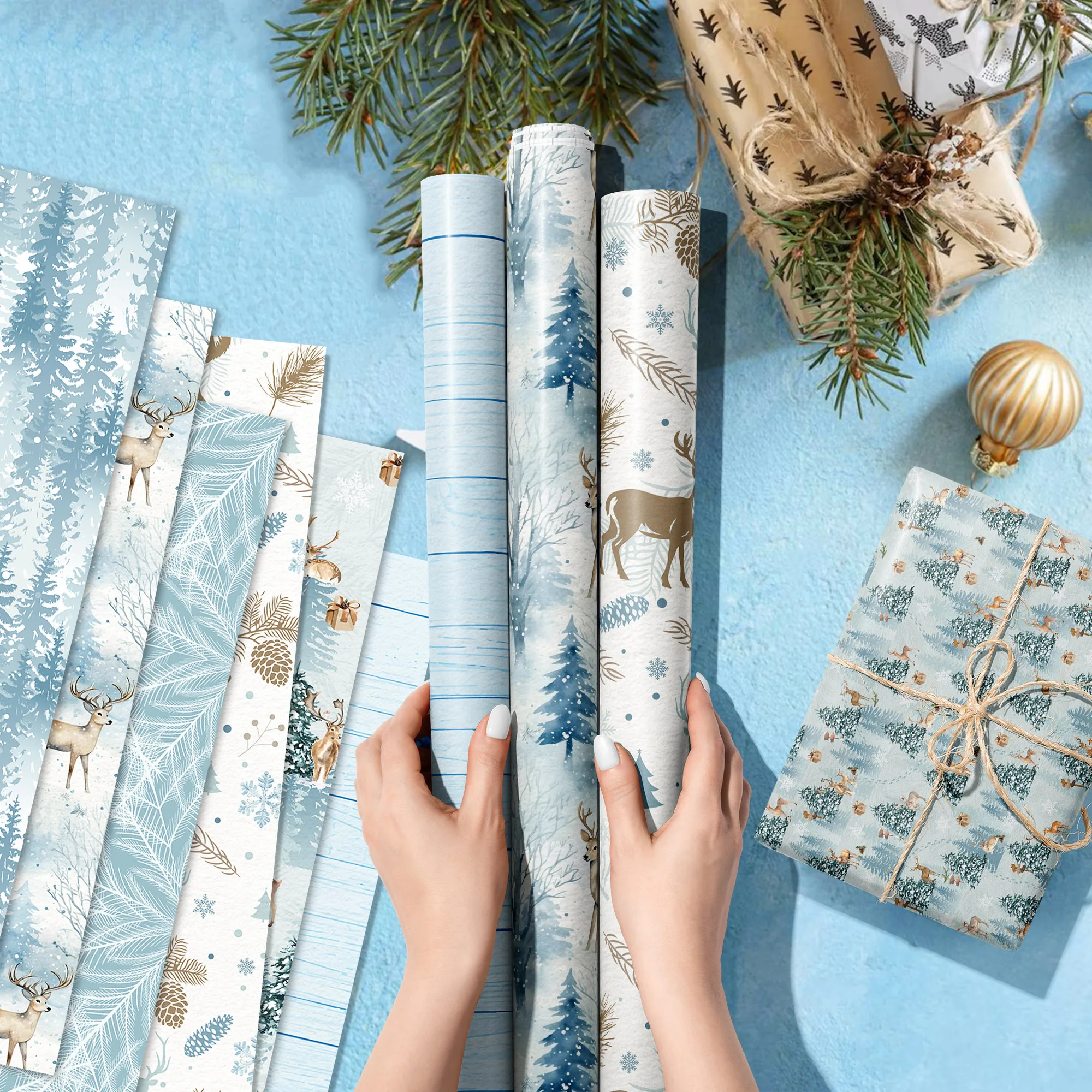 12pcs Winter Forest Deer Blue Theme Wrapping Material Paper Xmas Party Gifts Decorative Packing Craft Papers