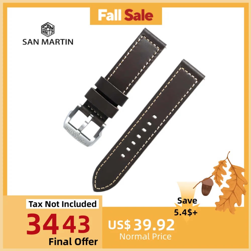 

San Martin Watch Strap 20mm 23mm Baha Calfskin Leather Watchband Dark Brown Rough Western Band Bronze Steel Buckle Quick Release