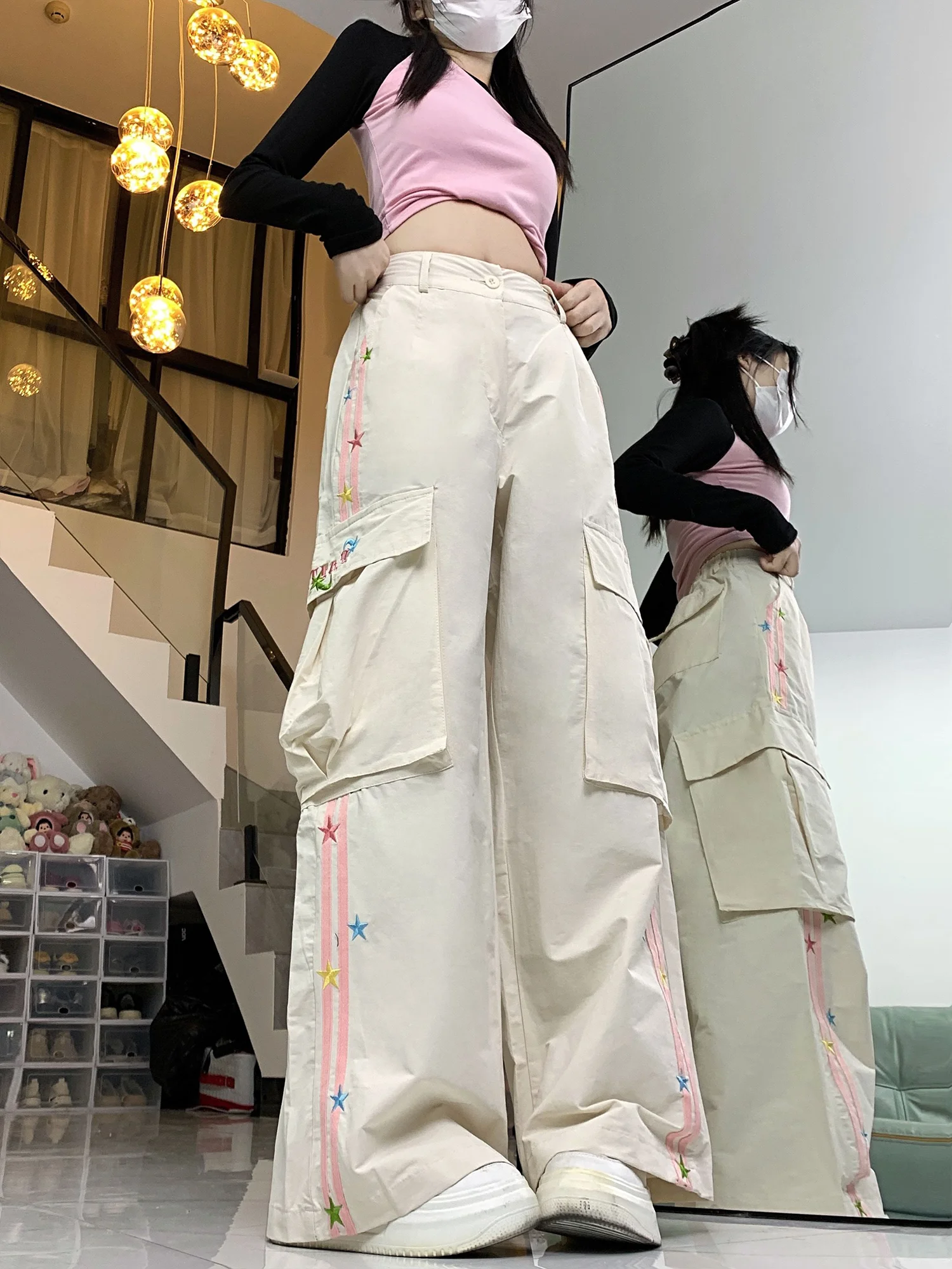 Princess IronFan Y2k Harajuku Streetwear Casual Baggy Pants Striped Oversize Star Multi-Pocket High Waist Loose Sweet Trousers