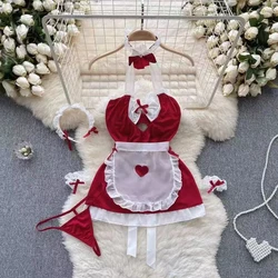 Maidservant Cosplay Erotic Valentine's Day Nightdress Sweet Sexy Dress Suits Halter Hollow Out Porn Nightwear+Thong Women Secret