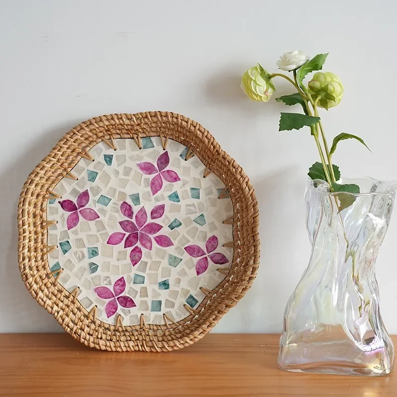 Hand-made Rattan Storage Tray-shaped Shell Color Storage Fruit Bowl Living Room Breakfast Picnic Pastry Restaurant Home Tray