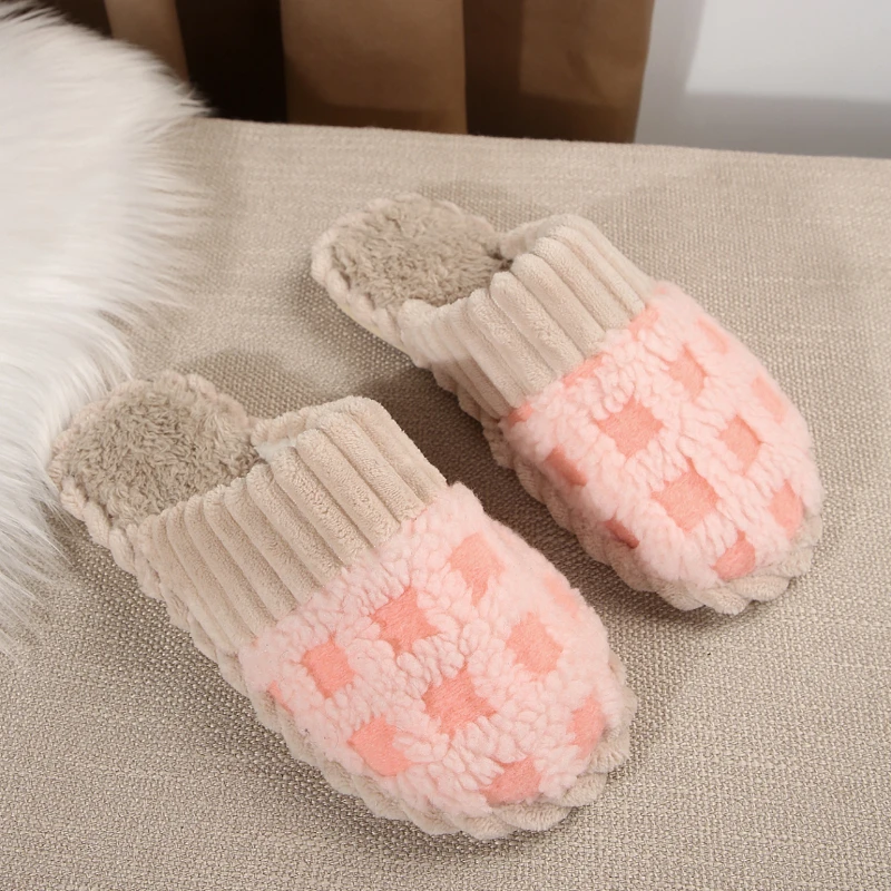 2024 Winter Women Fashion Warm Plaid Plush Slippers Women Soft Sole Indoor Home Non-slip Comfortable Cotton Shoes Slides Women