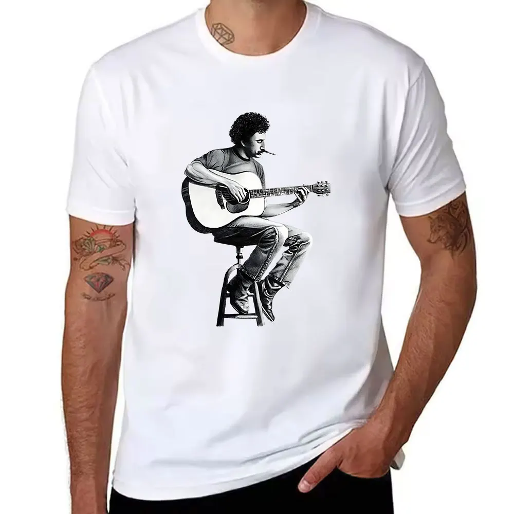 Men's Cotton T-Shirt Curly Haired Guitar Player Graphic Print Casual Short Sleeve Tee for Daily Wear