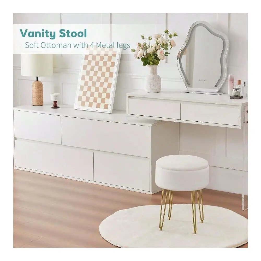 

Stool, Velvet Vanity Stool Chair With Storage, Round Makeup Chair Soft Padded With Bedroom Beige