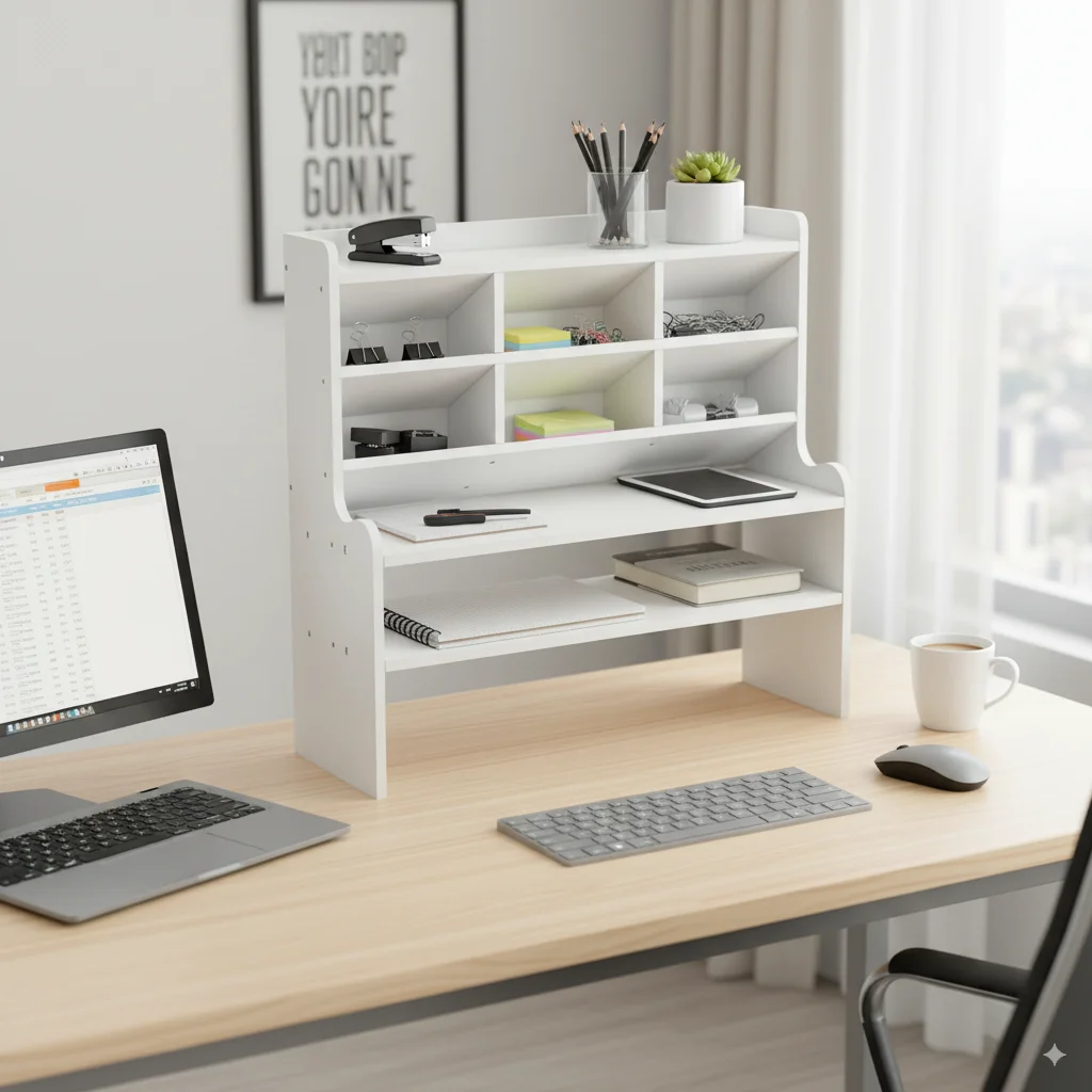 

1PC 2-Tier Desk Organizer & Drawer Storage|With Tilt Pen Holder, Raised Bookshelf |Matte White PVC For Stationery, Cosmetics, O