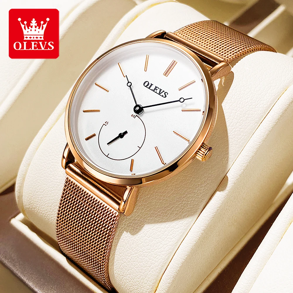 OLEVS Luxury Quartz Watch for Women Unique Stop Hand Design Elegant Rose Gold Mesh Steel Strap Ladies Waterproof Wristwatch New