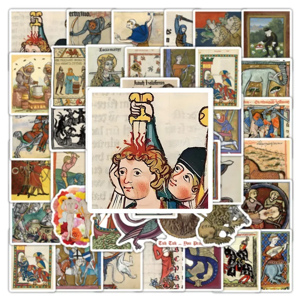 50 autocollants rétro à motifs d'art médiéval pour DIY, téléphone, ordinateur portable, bagages, skateboard, graffiti – Amusants pour enfants, jouets, cadeaux de fête