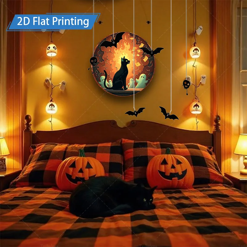 Targa in metallo da 1 pezzo, stampa artistica in ferro con gatto nero e fantasmi di Halloween da 4x16 pollici, decorazione festiva per bar, stampa piatta 2D