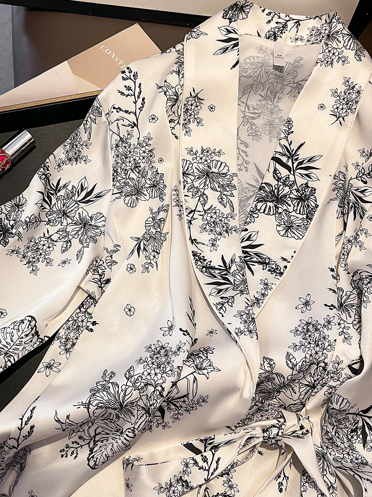 Nouveau Ensemble pyjama femmes peinture à l'encre 100% soie de mûrier luxe à manches longues vêtements de maison
